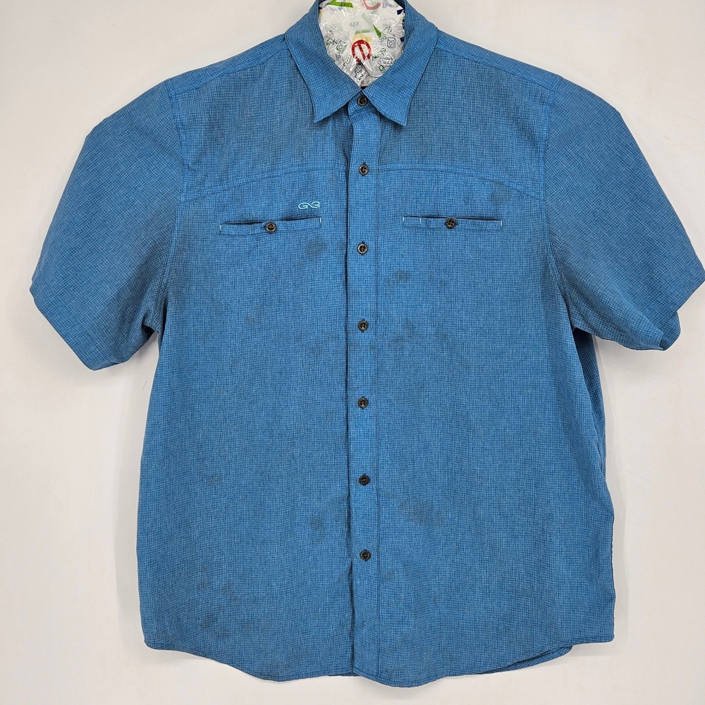 GameGuard 1053 Shirt Mens XL Vented Button Up Fishing Short Sleeve Blue FLAWS